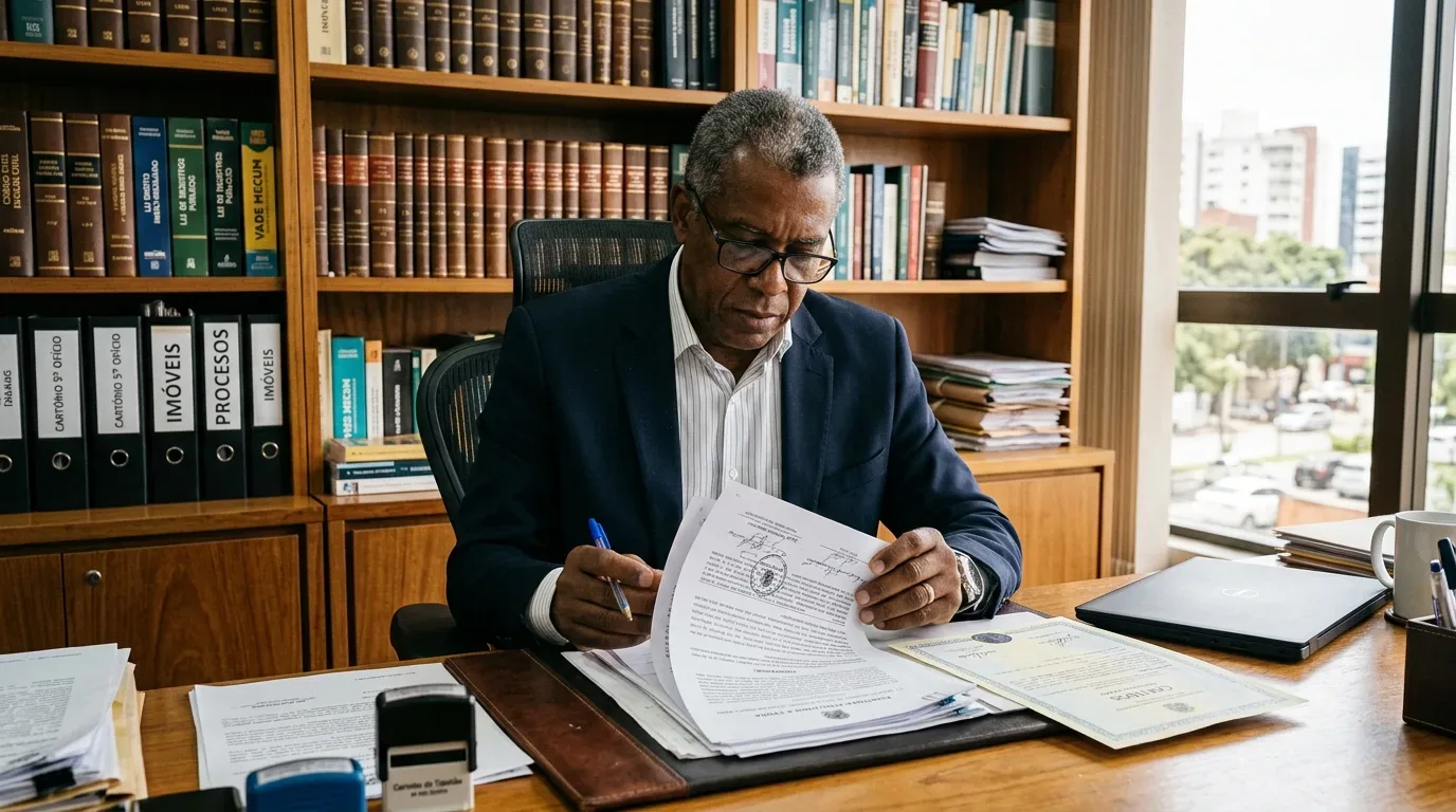 documentação para compra de imóvel no litoral: Um homem negro de meia-idade, com cabelos grisalhos e óculos, veste paletó escuro e camisa social listrada. Ele está sentado em uma cadeira de escritório atrás de uma grande mesa de madeira, concentrado na leitura de um documento oficial timbrado que exibe um carimbo redondo. Na mesa há um notebook fechado, uma caneta azul, folhas de papel e um carimbo de cartório. Atrás dele, há uma estante de livros de madeira repleta de livros jurídicos e pastas de arquivo pretas com etiquetas escritas "Cartório", "Imóveis" e "Processos".