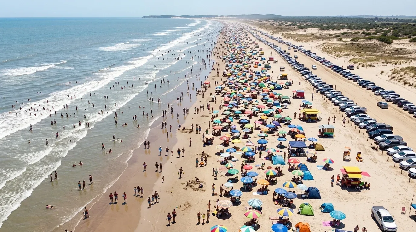 retorno aluguel temporada litoral gaúcho: Vista aérea de ângulo alto de uma praia extremamente movimentada no litoral gaúcho. À esquerda, o mar azul-esverdeado tem ondas suaves e banhistas na água. A faixa de areia clara está densamente ocupada por centenas de guarda-sóis e tendas coloridas. À direita, uma longa e contínua fileira de carros de diversos modelos e cores está estacionada em uma faixa de terra paralela à praia, ao lado de dunas com vegetação rasteira. O horizonte mostra a linha da costa se estendendo ao longe sob um céu limpo.