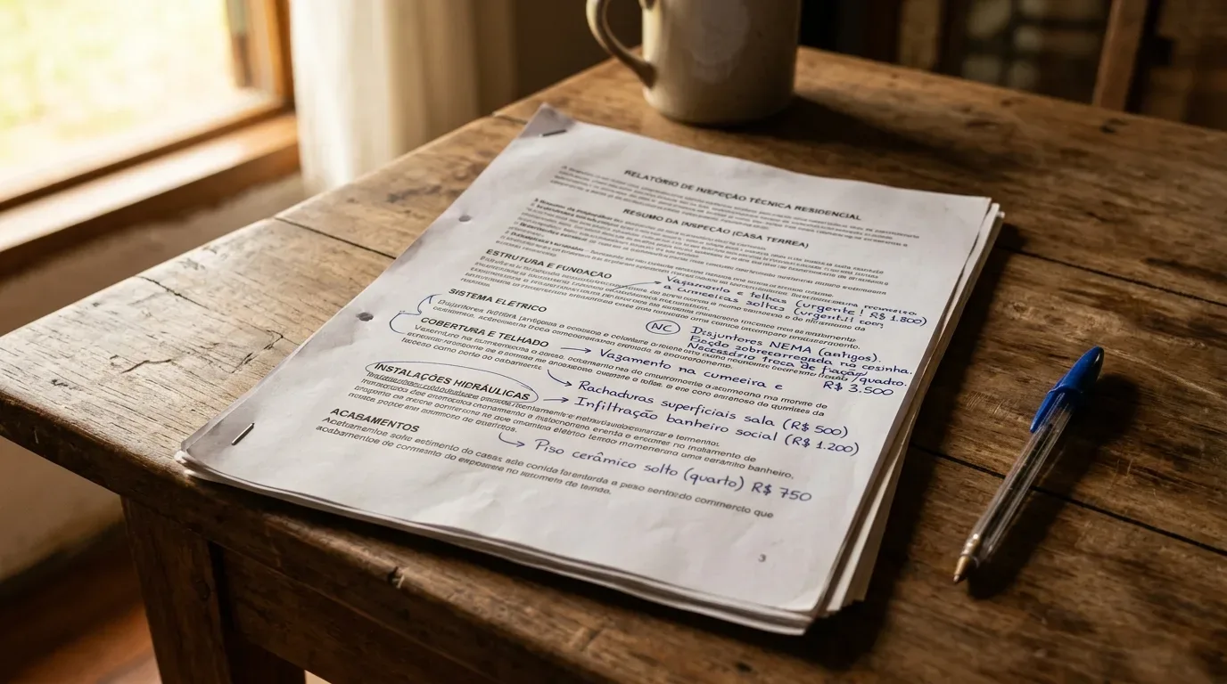 Um documento impresso intitulado "RELATÓRIO DE INSPEÇÃO TÉCNICA RESIDENCIAL" repousa sobre uma mesa de madeira rústica e escura. O relatório apresenta o "RESUMO DA INSPEÇÃO (CASA TÉRREA)" com tópicos estruturais detalhados e várias anotações manuscritas com caneta azul, que apontam inconformidades e orçamentos estimados: "Vazamento e telhas soltas (urgente! R$ 1.800)", "Disjuntores NEMA (antigos). Necessário troca de fiação/quadro", "Infiltração banheiro social (R$ 1.200)" e "Piso cerâmico solto (quarto)". Uma caneta esferográfica azul de corpo transparente está deitada ao lado das folhas.
