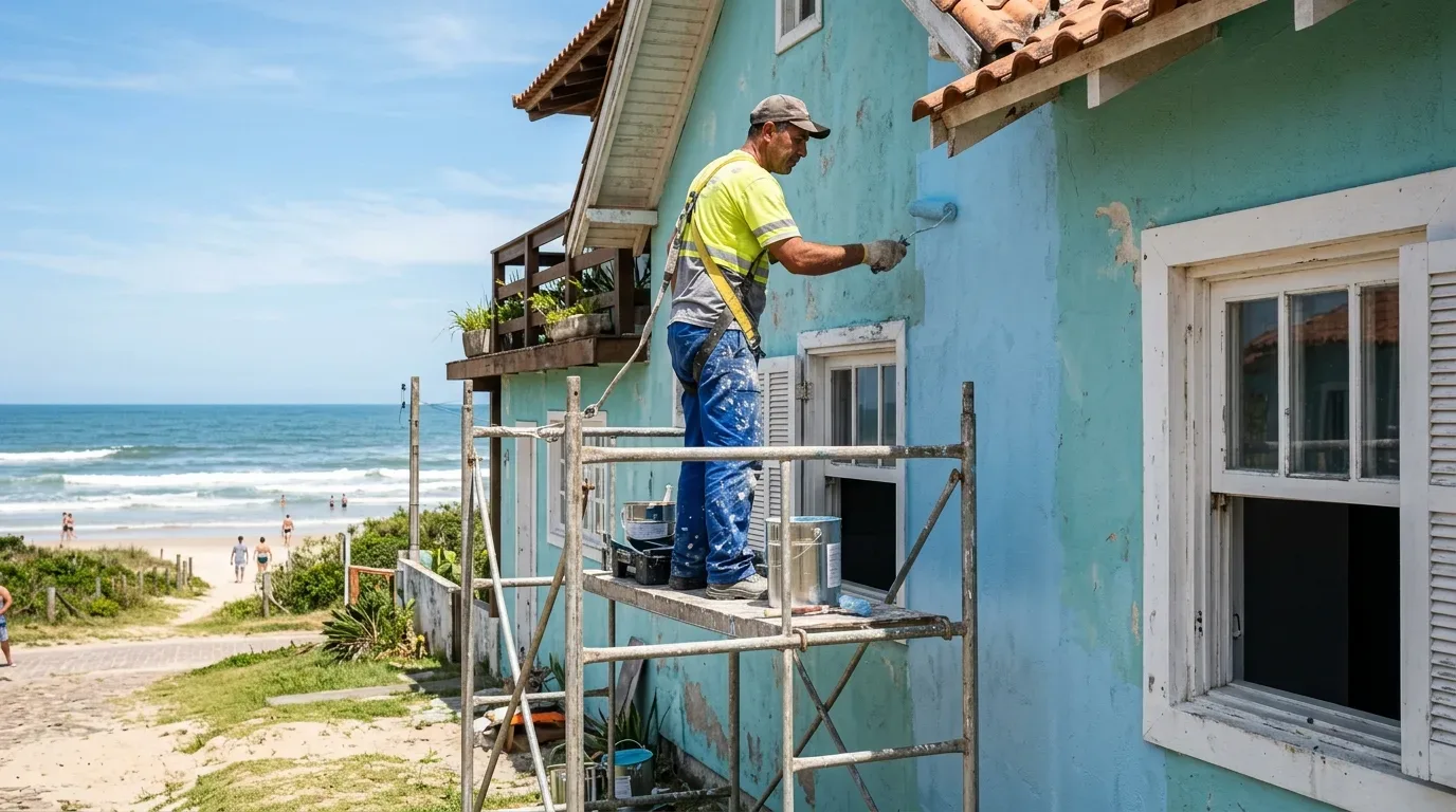 retorno aluguel temporada litoral gaúcho: Um homem trabalha na manutenção externa de uma casa à beira-mar. Ele está de perfil, em cima de um andaime de metal, vestindo camiseta amarela fluorescente de segurança, calça azul suja de tinta e boné. Com um rolo de pintura, ele aplica uma nova camada de tinta azul-clara sobre a parede antiga de tom esverdeado. A casa tem janelas de madeira branca e telhado de barro. Ao fundo, à esquerda, há um caminho que leva à praia, com o mar azul e ondas quebrando sob um céu claro.