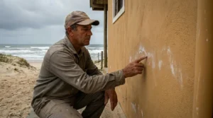 Um homem de perfil, vestindo camisa de manga longa cinza gasta e boné marrom, aparece agachado na área externa de uma edificação à beira-mar. Ele usa o dedo indicador para apontar e analisar manchas esbranquiçadas e sinuosas na pintura texturizada cor mostarda da parede, evidenciando problemas de eflorescência ou umidade ascendente. Ao fundo, a cena é emoldurada por uma praia deserta com faixa de areia, ondas quebrando no mar e um céu encoberto por nuvens carregadas. (laudo de vistoria imóvel litorâneo)