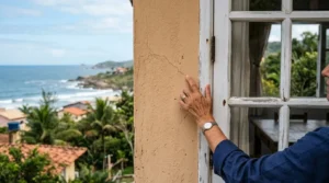 Close-up de uma mão apontando o dedo indicador para uma rachadura diagonal fina na pintura bege de uma coluna residencial. A estrutura fica ao lado de uma janela de madeira branca com vidros quadriculados. À direita, aparece parte do perfil de uma pessoa de camisa azul usando relógio. Ao fundo, à esquerda, há uma vista ensolarada de uma costa litorânea com casas de veraneio, vegetação tropical e o mar azul com ondas. (problemas estruturais imóvel de praia)