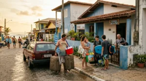 Uma família descarrega bagagens em uma rua de paralelepípedos em frente à "Pousada Sol & Mar", no litoral. Em primeiro plano, um homem carrega duas malas grandes de rodinha e uma caixa térmica vermelha. Ao lado, uma mulher segura uma criança pequena no colo e uma sacola de praia. Dois adolescentes carregam mochilas e uma prancha de bodyboard azul. Um senhor mais velho os recebe no portão de madeira da pousada, que é pintada de azul e branco. Um carro Parati marrom antigo está estacionado na rua. Ao fundo, a rua termina diretamente na praia com o mar sob a luz dourada do fim de tarde. (retorno aluguel temporada litoral gaúcho)
