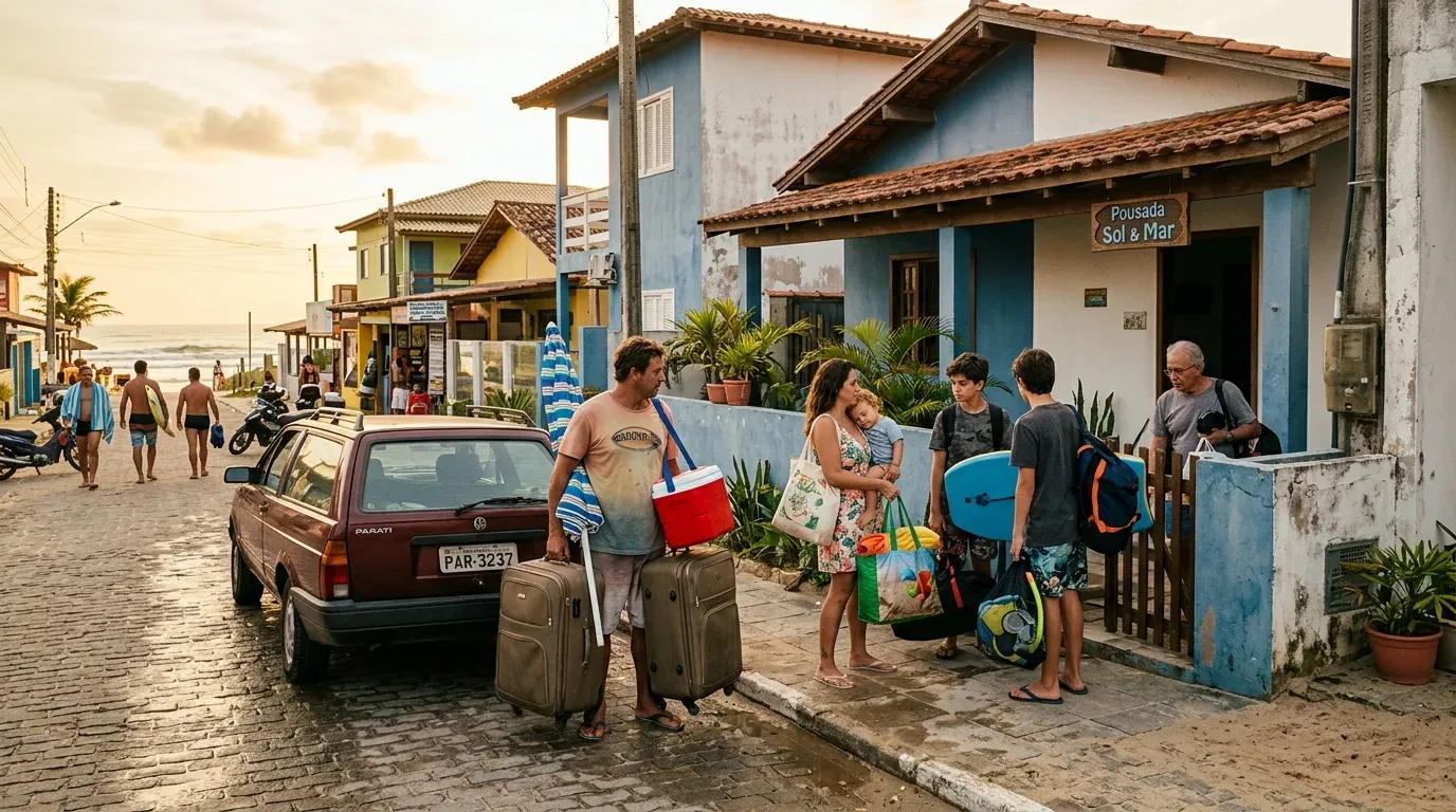 Uma família descarrega bagagens em uma rua de paralelepípedos em frente à "Pousada Sol & Mar", no litoral. Em primeiro plano, um homem carrega duas malas grandes de rodinha e uma caixa térmica vermelha. Ao lado, uma mulher segura uma criança pequena no colo e uma sacola de praia. Dois adolescentes carregam mochilas e uma prancha de bodyboard azul. Um senhor mais velho os recebe no portão de madeira da pousada, que é pintada de azul e branco. Um carro Parati marrom antigo está estacionado na rua. Ao fundo, a rua termina diretamente na praia com o mar sob a luz dourada do fim de tarde. (retorno aluguel temporada litoral gaúcho)