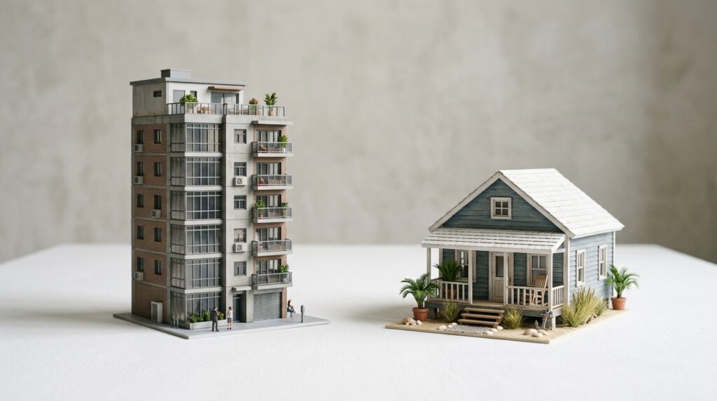 Duas maquetes arquitetônicas detalhadas dispostas lado a lado sobre uma superfície branca contínua, contra um fundo cinza neutro. À esquerda, destaca-se a miniatura de um edifício residencial urbano de múltiplos andares com sacadas, seções de tijolos e janelas espelhadas. À direita, há a maquete de uma charmosa casa de praia térrea com revestimento de madeira azul-clara, telhado branco texturizado, uma varanda frontal com uma cadeira de balanço minúscula e pequenos vasos com palmeiras artificiais ao redor.