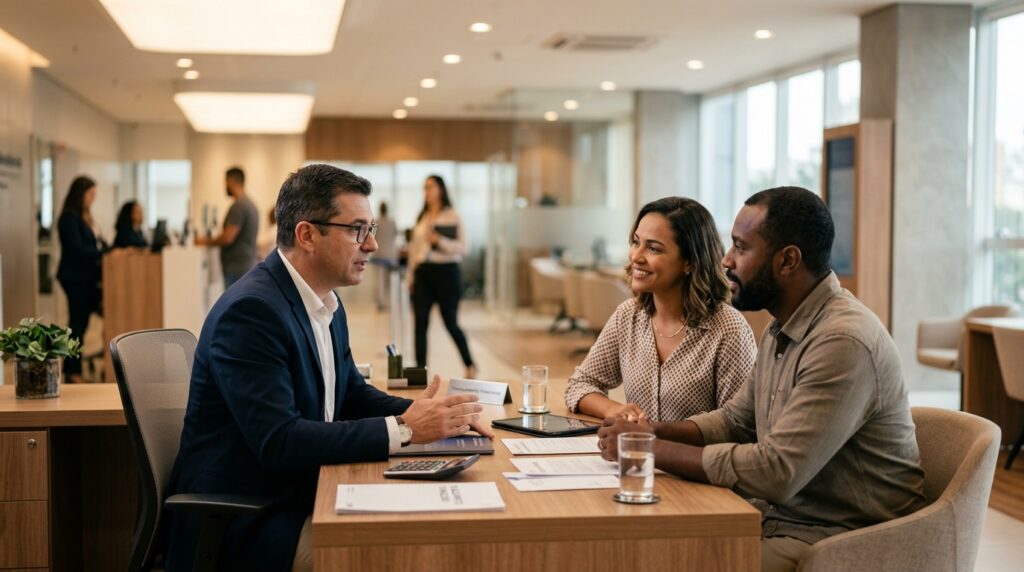 Um casal jovem — um homem negro de camisa casual e uma mulher de blusa estampada — senta-se sorridente diante da mesa de um consultor financeiro em uma agência bancária moderna e bem iluminada. O consultor, um homem de óculos vestindo blazer azul-escuro e camisa branca, gesticula com as mãos enquanto explica os termos de um financiamento. Sobre a mesa de madeira, encontram-se documentos impressos, uma calculadora, um tablet e copos de água, com o movimento sutil da agência desfocado ao fundo.
