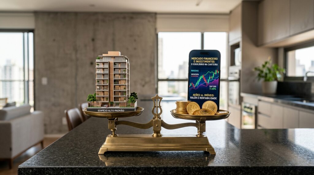 Vista frontal de uma balança de pratos antiga feita de latão dourado, perfeitamente equilibrada sobre uma bancada de granito escuro e polido. A imagem ilustra a ponderação de investimentos dentro de um apartamento moderno com conceito integrado e desfocado ao fundo. No prato esquerdo da balança, repousa uma maquete detalhada de um edifício residencial espelhado de múltiplos andares, identificado na base como "EDIFÍCIO ALTO PADRÃO". No prato direito, há um monte de moedas douradas brilhantes empilhadas ao lado de um smartphone posicionado verticalmente; a tela do celular exibe um gráfico de velas financeiras (candlesticks) ascendentes com os títulos "MERCADO FINANCEIRO E INVESTIMENTOS: O EQUILÍBRIO NA CARTEIRA" e "AÇÕES vs. IMÓVEIS: VALOR E RENTABILIDADE".