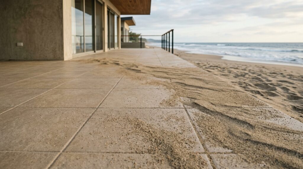 Fotografia em ângulo baixo mostrando a área externa de uma residência de veraneio moderna na beira da praia. O foco está no piso de cerâmica ou porcelanato fosco em tom bege texturizado, que está parcialmente coberto por linhas de areia fina trazidas pelo vento. À direita, o terraço conecta-se visualmente com a faixa de areia da praia e o mar aberto com ondas suaves sob um céu levemente nublado. A construção exibe pilares de concreto aparente e grandes painéis de vidro de correr.