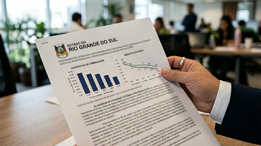 Close-up de uma mão segurando em primeiro plano um relatório impresso oficial com o cabeçalho "ESTADO DO RIO GRANDE DO SUL". O documento traz o brasão colorido do estado no canto superior esquerdo e apresenta dois quadros de dados analíticos: um gráfico de barras escuras intitulado "ESTATÍSTICAS DE CRIMINALIDADE" e um gráfico de linhas verticais chamado "ÍNDICES DE VIOLÊNCIA". A pessoa que segura o papel veste um terno azul-escuro com camisa branca e usa um anel prateado no dedo polegar. Ao fundo, o ambiente de um escritório ou repartição pública aparece desfocado com computadores e silhuetas de colaboradores.
