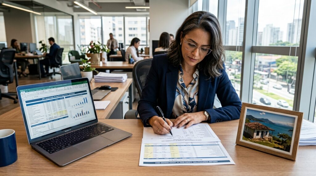 Uma profissional de óculos e blazer azul-marinho sentada em sua mesa de trabalho em um escritório corporativo amplo e bem iluminado. Ela está com o corpo inclinado, escrevendo concentrada com uma caneta preta em um relatório financeiro. À sua esquerda, um notebook aberto exibe um software de planilhas com gráficos de barras e colunas coloridas. À sua direita, há um porta-retrato com a foto de uma casa de praia em uma ilha paradisíaca. O fundo da imagem, em profundidade de campo reduzida, revela grandes janelas que mostram o ambiente urbano e outros colaboradores trabalhando.