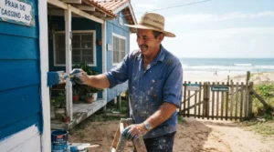 Fotografia realista de um homem de meia-idade sorridente, usando bigode, chapéu de palha e uma camisa azul manchada de tinta, trabalhando na renovação de uma casa de praia de madeira. Ele está em uma escada, segurando um pincel para aplicar tinta azul na guarnição branca da parede. No canto esquerdo superior da casa, há uma placa artesanal indicando "PRAIA DO CASSINO - RS". Ao fundo, uma porteira de madeira rústica com a inscrição "Bem-vindos" dá acesso às dunas de areia e ao mar aberto sob um céu claro. Uma lata escrita "TINTA MARÍTIMA" repousa em primeiro plano.