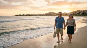 Fotografia realista e espontânea de um casal de idosos caminhando descalços e de mãos dadas pela linha d'água de uma praia. O homem, sorridente, usa camisa polo azul e bermuda cáqui enquanto carrega uma sacola de lona; a mulher, também sorrindo e olhando para ele, veste uma blusa floral e saia escura. O cenário é iluminado pela luz dourada e suave do pôr do sol, com ondas calmas quebrando na areia e uma linha de colinas residenciais ao fundo, transmitindo tranquilidade, companheirismo e qualidade de vida na aposentadoria.