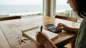 Fotografia realista em ângulo fechado de uma pessoa organizando as finanças em uma mesa de madeira. Em destaque, uma das mãos escreve com uma caneta azul em um caderno pautado com anotações de despesas como "Rent" (Aluguel), "Utilities" (Contas de consumo), "Groceries" (Supermercado) e "Savings" (Reserva). A outra mão opera uma calculadora digital cinza. No canto inferior esquerdo da mesa, há um molho de chaves e, ao fundo, uma grande janela revela uma vista tranquila para o mar sob um céu nublado.