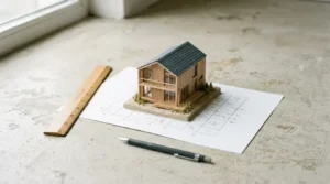 maquete miniatura de casa de praia sobre papel quadriculado com régua e lapiseira em superfície de concreto claro