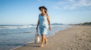 Estilo de vida, com luz natural, de uma mulher idosa caucasiana caminhando descalça na borda da água na Praia do Cassino sob um céu azul claro. Ela está sorrindo genuinamente e olhando para a distância, com seus cabelos grisalhos ao vento. Ela usa um vestido curto azul claro com estampa floral branca, um chapéu de sol preto de abas largas e segura uma sacola de compras de lona crua na mão direita. Ondas suaves quebram no mar à sua esquerda, e vastas dunas de areia cobertas de vegetação estão ao fundo, com silhuetas distantes de pessoas caminhando.