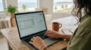 Fotografia realista em ângulo de cima do ombro mostrando uma mulher de cabelos escuros trabalhando em um laptop sobre uma mesa de madeira rústica. A tela do computador exibe uma planilha de controle financeiro repleta de dados e um pequeno gráfico. Ao lado do aparelho, há uma caneca de cerâmica com café e um bloco de notas com uma caneta. Ao fundo, grandes janelas de vidro revelam uma bela paisagem ensolarada de praia com coqueiros e o mar. (calcular aluguel de temporada)