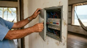 Fotografia em plano médio focada nas mãos de um homem abrindo a portinhola de metal cinza de um quadro de distribuição elétrica embutido em uma parede interna desgastada. O painel revela uma fiação interna complexa com cabos azuis, vermelhos e pretos conectados a uma fileira de disjuntores que possuem chaves coloridas e etiquetas de identificação como "AR COND" e "LUZES". Ao fundo, através de janelas e portas abertas, avista-se uma praia com mar azul, coqueiros e uma rede de descanso pendurada na varanda de madeira.