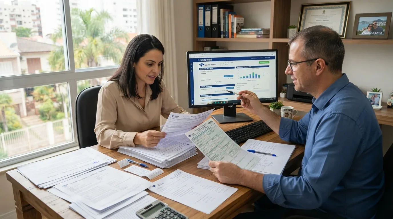 Um consultor financeiro e uma cliente analisando documentos de declaração de imposto de renda em um escritório iluminado. O homem aponta com uma caneta para a tela do computador que exibe um painel de sistema tributário com gráficos de rendimentos. A mesa de madeira está repleta de comprovantes, recibos impressos e uma calculadora.