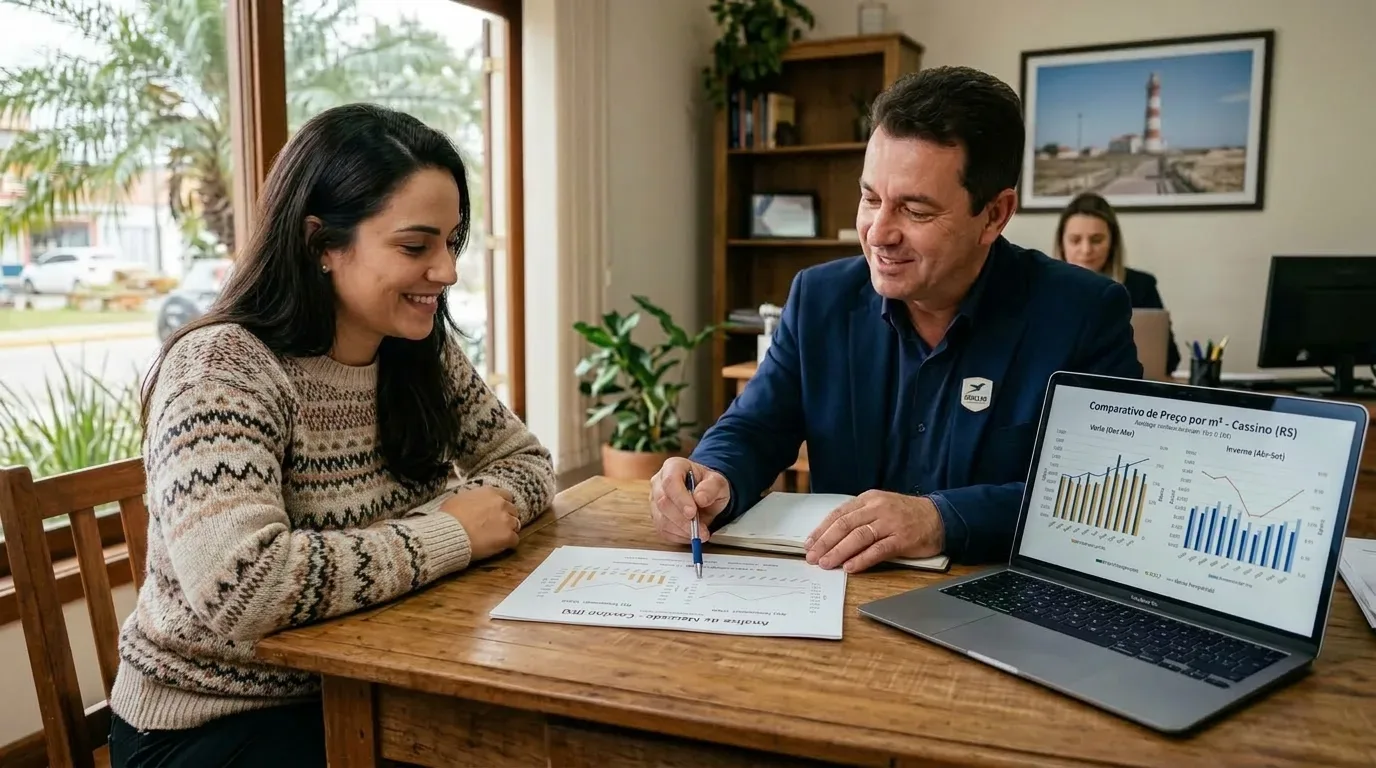 Um consultor imobiliário apresentando relatórios a uma cliente em uma mesa de madeira. Ele aponta com uma caneta para impressos de análise de mercado, enquanto a tela do notebook exibe o gráfico "Comparativo de Preço por m² - Cassino (RS)" dividido entre as estações de Verão e Inverno. Ao fundo, vê-se um quadro com foto do farol e uma janela ampla.