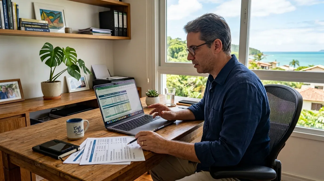 Homem de óculos e camisa azul-escura sentado em um escritório, concentrado ao analisar planilhas no notebook e relatórios impressos sobre uma mesa de madeira. Ao lado da mesa, uma ampla janela oferece vista para morros arborizados e o oceano.