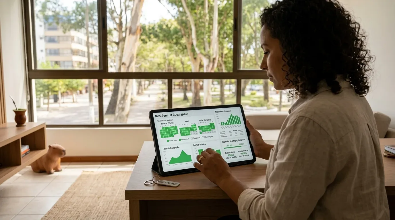 Fotografia em plano médio de uma gestora imobiliária analisando métricas de locação em um tablet sobre a mesa. A tela exibe o painel do "Residencial Eucalyptus" com calendários de ocupação, gráficos de taxa diária e previsão de receita. Sobre a bancada, observa-se um molho de chaves com a etiqueta "APTO 302" e uma cuia de chimarrão ao fundo junto à janela.