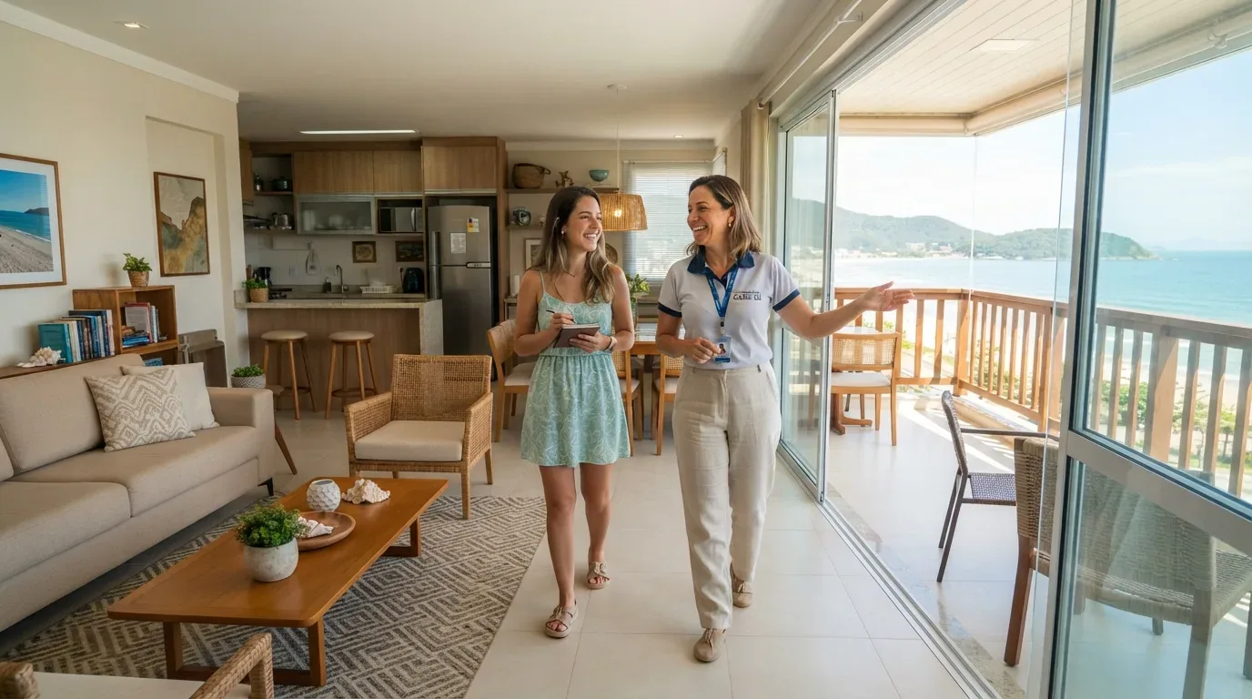 Uma corretora de imóveis apresentando a sala de um apartamento praiano a uma cliente. A corretora gesticula em direção às portas de vidro que dão acesso à varanda com vista panorâmica para a praia e o mar, enquanto a cliente acompanha sorridente segurando um bloco de anotações. O imóvel conta com decoração em tons neutros, sofá, mesa de centro e cozinha americana ao fundo.
