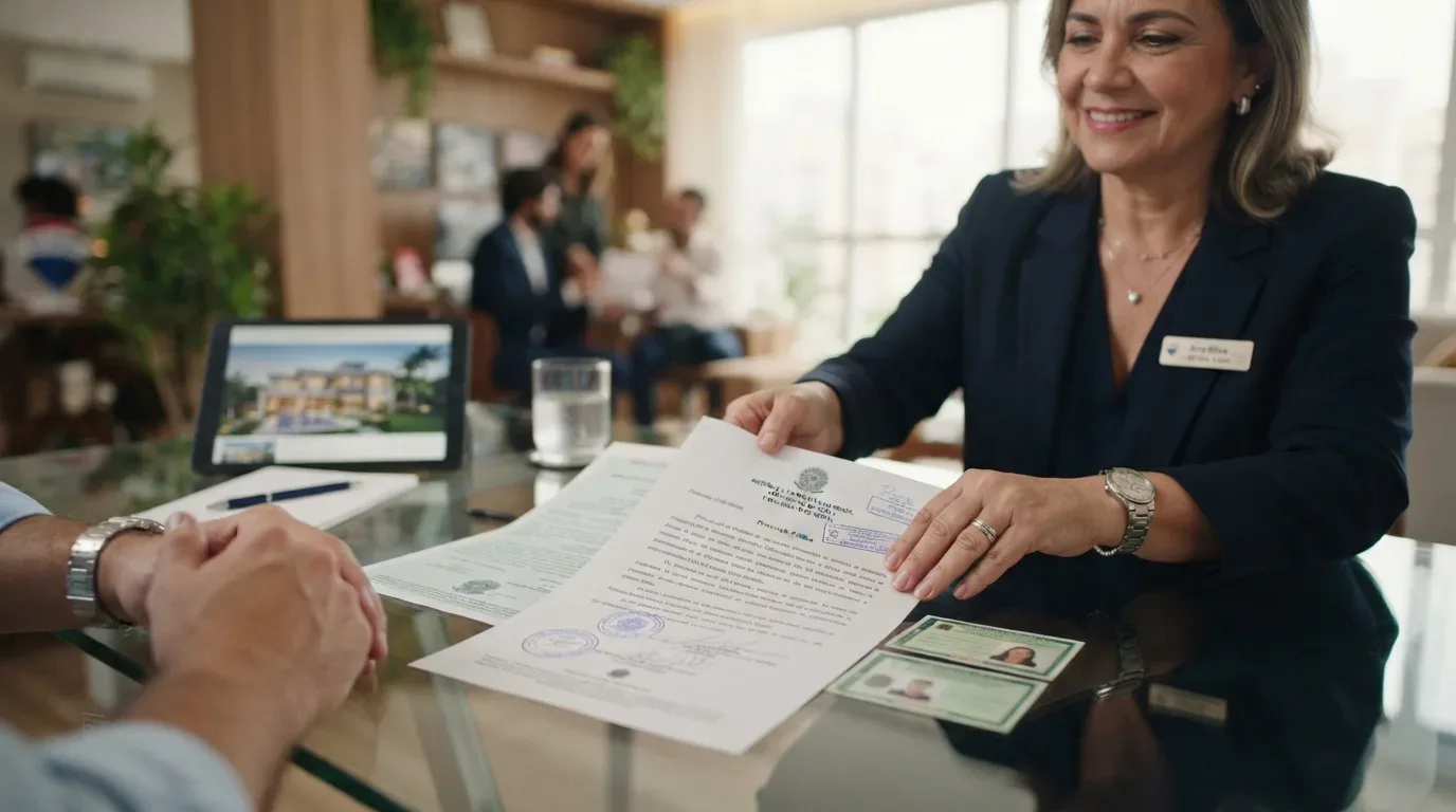 Uma corretora de imóveis sorridente em blazer escuro, organizando contratos imobiliários com carimbos ao lado de documentos de identidade (RG) sobre uma mesa de vidro. Na bancada de atendimento, veem-se as mãos do cliente, um tablet exibindo a imagem de uma residência de luxo, caneta e copo de água, com o ambiente da imobiliária ao fundo.