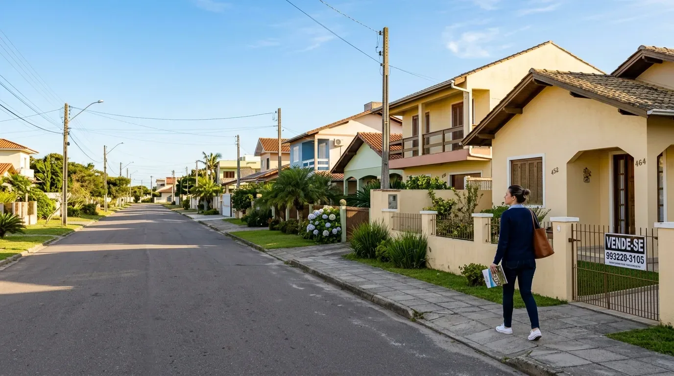 Uma mulher vista de costas caminhando por uma calçada residencial ensolarada enquanto segura um folheto imobiliário. Ela passa em frente a casas térreas com jardim e portão com a placa "VENDE-SE 993228-3105" no número 464, em uma rua tranquila sob céu limpo.
