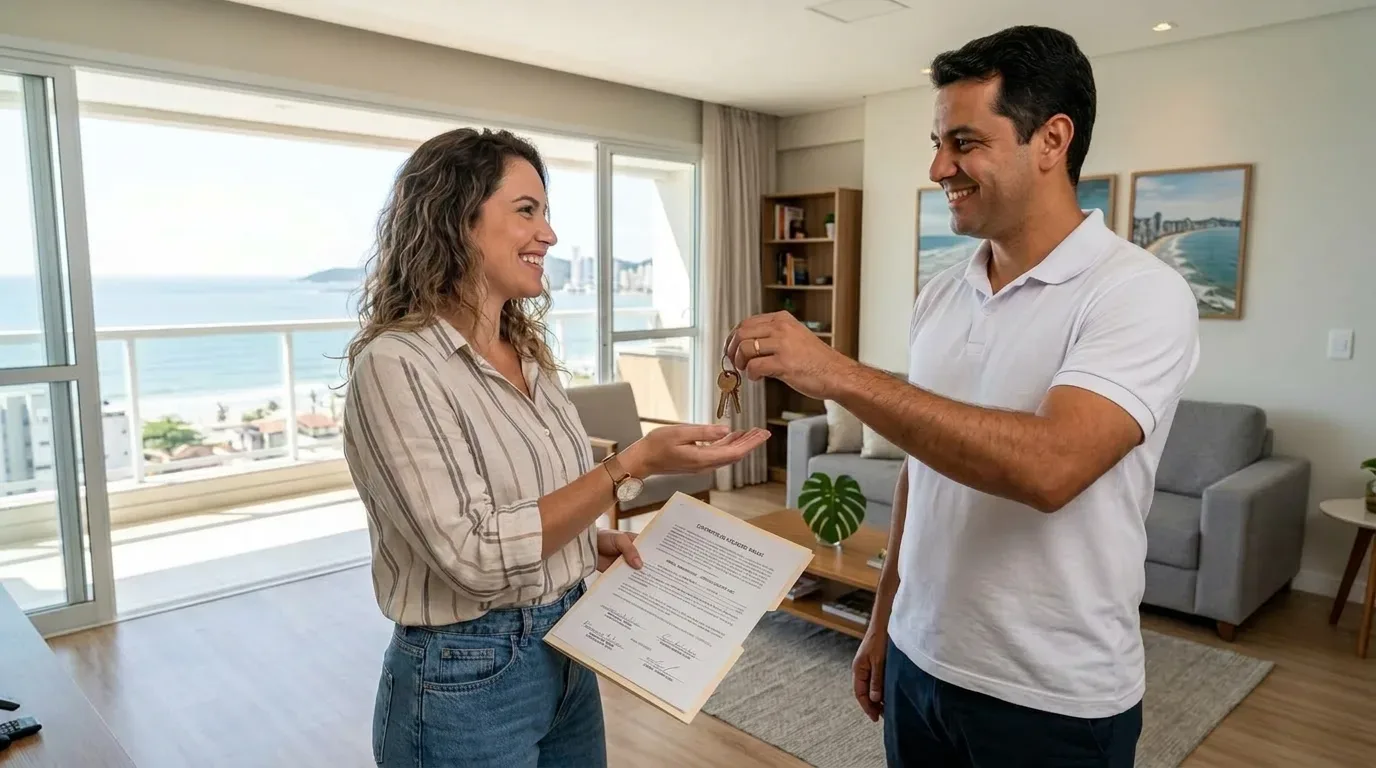 Homem sorridente em camiseta polo branca entregando um molho de chaves para uma mulher que segura uma pasta com contrato. Eles estão na sala de um apartamento moderno com piso de madeira, e ao fundo há uma grande porta de vidro de varanda com vista panorâmica para o mar.