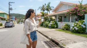 Uma mulher em uma rua residencial ensolarada segurando um smartphone para conferir um anúncio imobiliário. Ela observa uma casa térrea de estilo praiano com cerca branca e canteiros repletos de hortênsias azuis e brancas em flor.