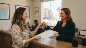 Uma corretora de imóveis em blazer azul entregando o molho de chaves e uma pasta de contratos a uma cliente sorridente no balcão da imobiliária. Ao fundo do escritório, observam-se um mapa-múndi emoldurado na parede e uma janela ampla com vista para a avenida costeira.