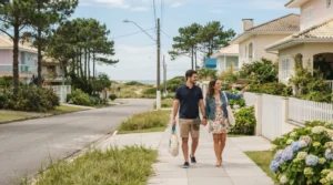 Um casal caminhando de mãos dadas pela calçada de um bairro residencial praiano. A mulher aponta sorrindo em direção às casas da rua, cercadas por canteiros de hortênsias floridas e pinheiros, com dunas e o mar visíveis ao fundo.