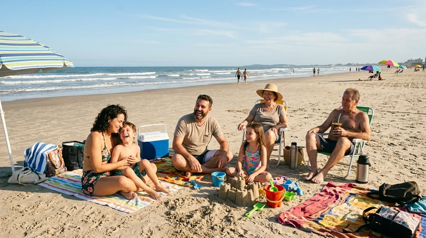 Uma família multigeracional relaxa reunida na areia de uma praia ensolarada, com pais e crianças sorrindo sobre esteiras ao lado de brinquedos e um castelo de areia, acompanhados pelos avós em cadeiras de praia, com o avô tomando chimarrão.