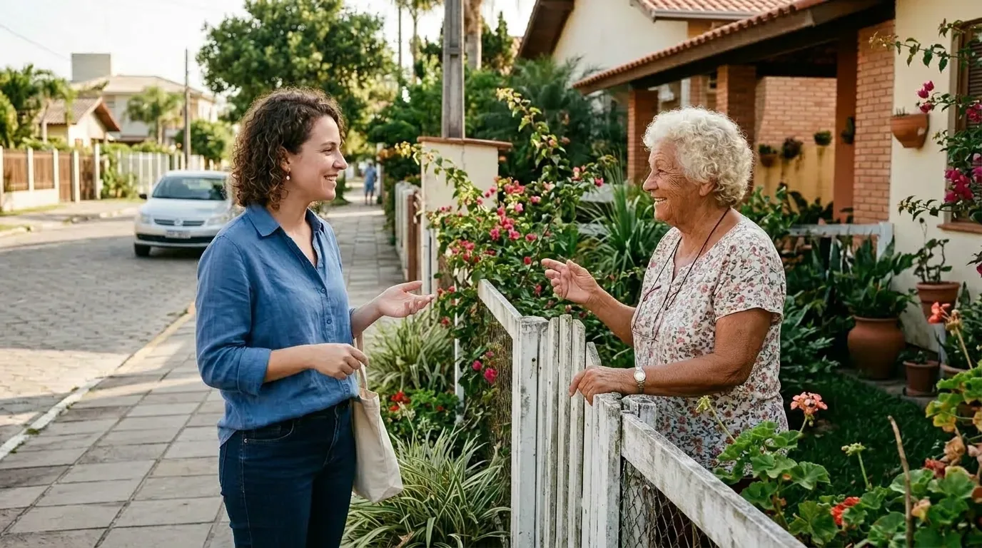 Uma jovem mulher conversa alegremente por cima de uma vedação de jardim com uma senhora idosa, que sorri apoiada no portão de madeira rodeado por vasos de plantas e flores.