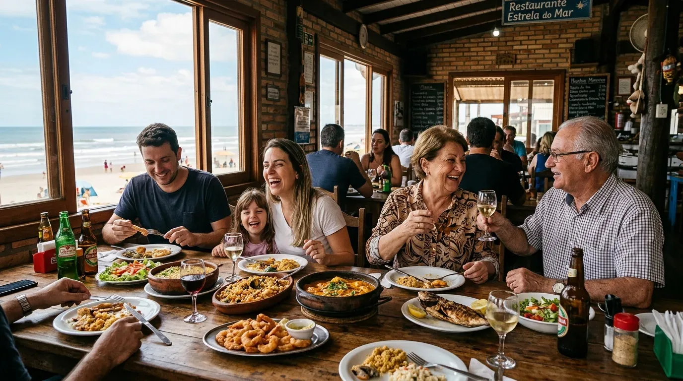 Uma família sorridente desfruta de um farto almoço de frutos do mar em uma mesa de madeira dentro de um restaurante rústico à beira-mar, com janelões de vidro revelando a praia e o oceano ao fundo.