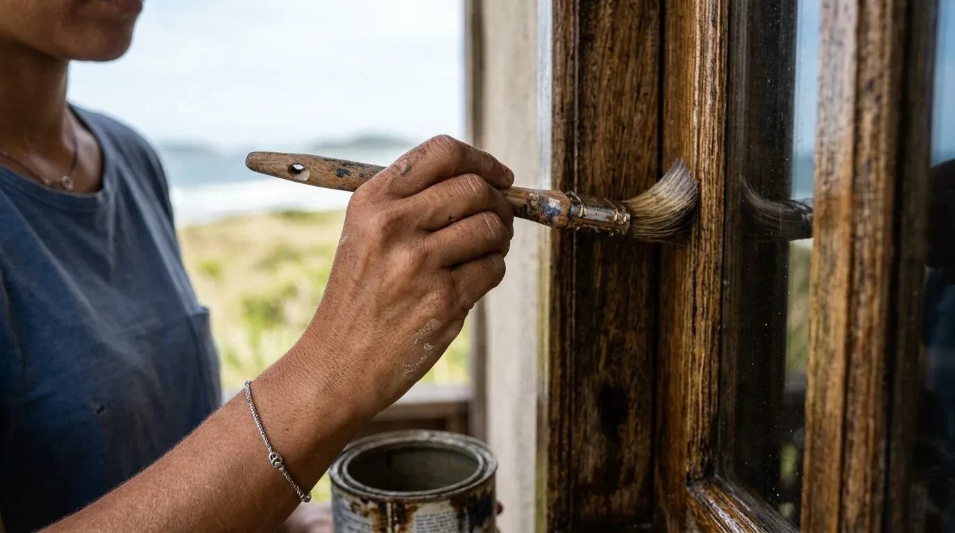Fotografia em plano aproximado da mão de uma pessoa a aplicar verniz na caixilharia de madeira de uma janela com um pincel. Junto à mão vê-se a lata de verniz aberta e, ao fundo, uma paisagem natural com vegetação e vista para a costa.