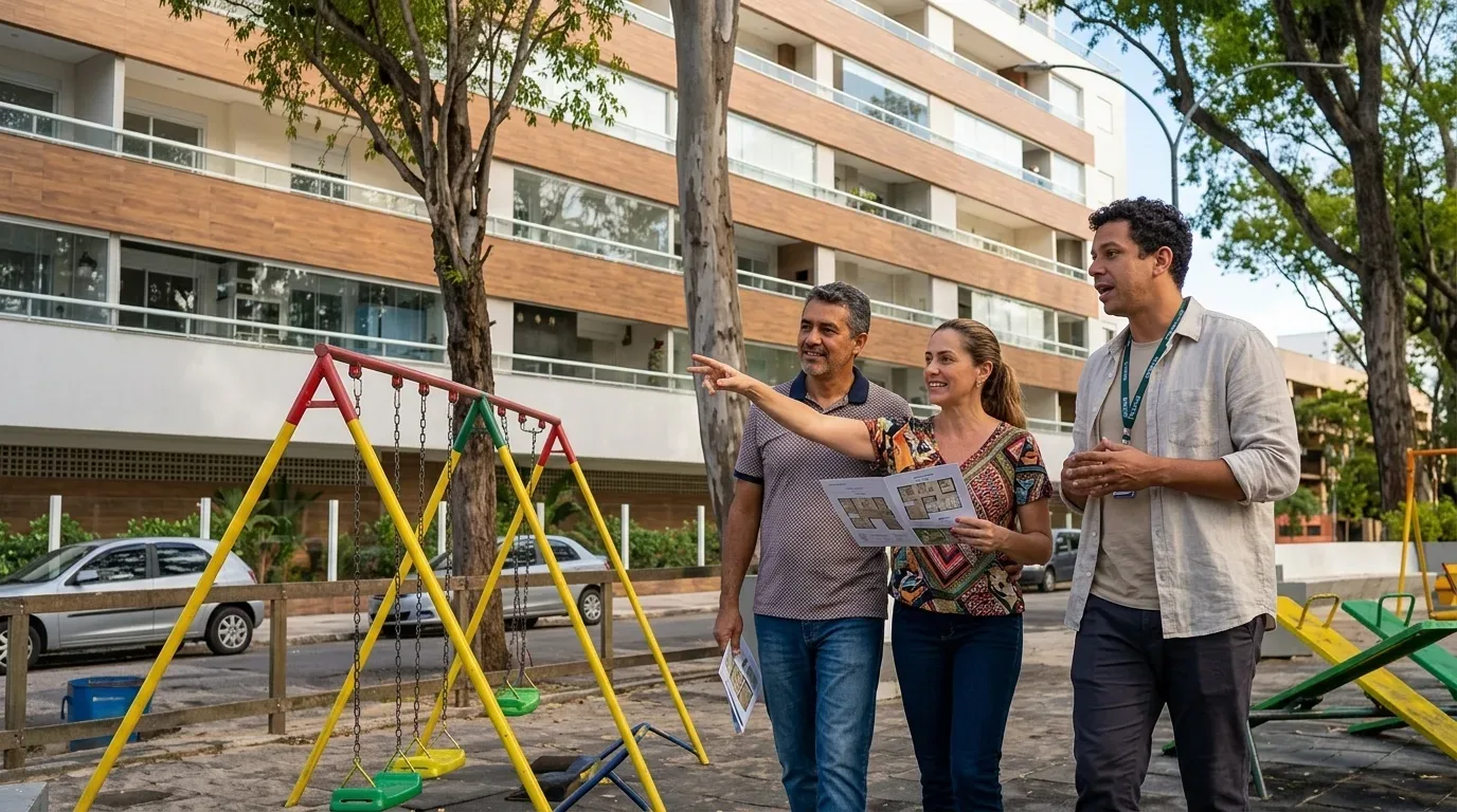 Um agente imobiliário caminha ao ar livre com um casal junto a um parque infantil com baloiços, enquanto a mulher consulta o folheto de uma planta e aponta na direção de um prédio residencial moderno ao fundo.