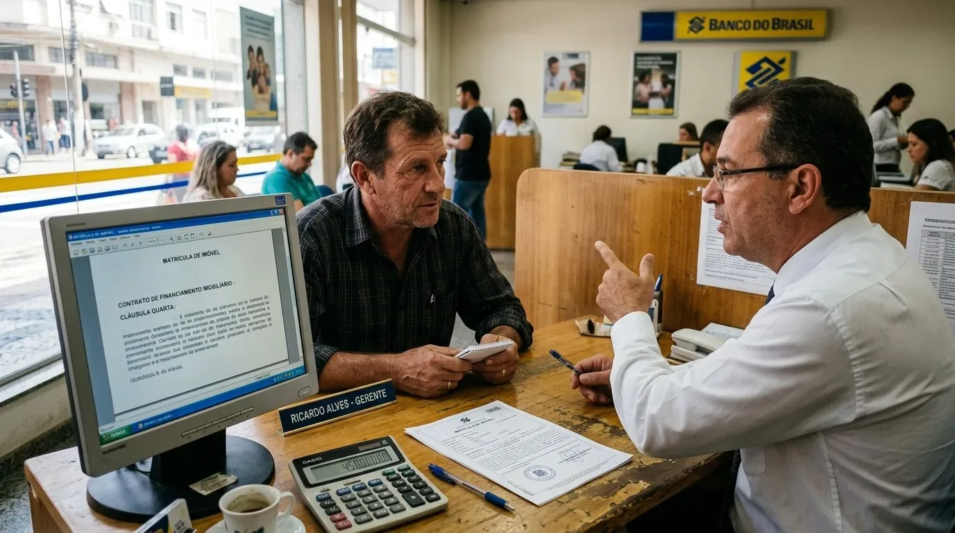 Um cliente num atendimento presencial com um gerente bancário com a identificação "RICARDO ALVES - GERENTE" numa agência do Banco do Brasil. O ecrã do computador exibe um documento de "CONTRATO DE FINANCIAMENTO IMOBILIÁRIO", com uma calculadora, uma chávena de café e papéis sobre a mesa.