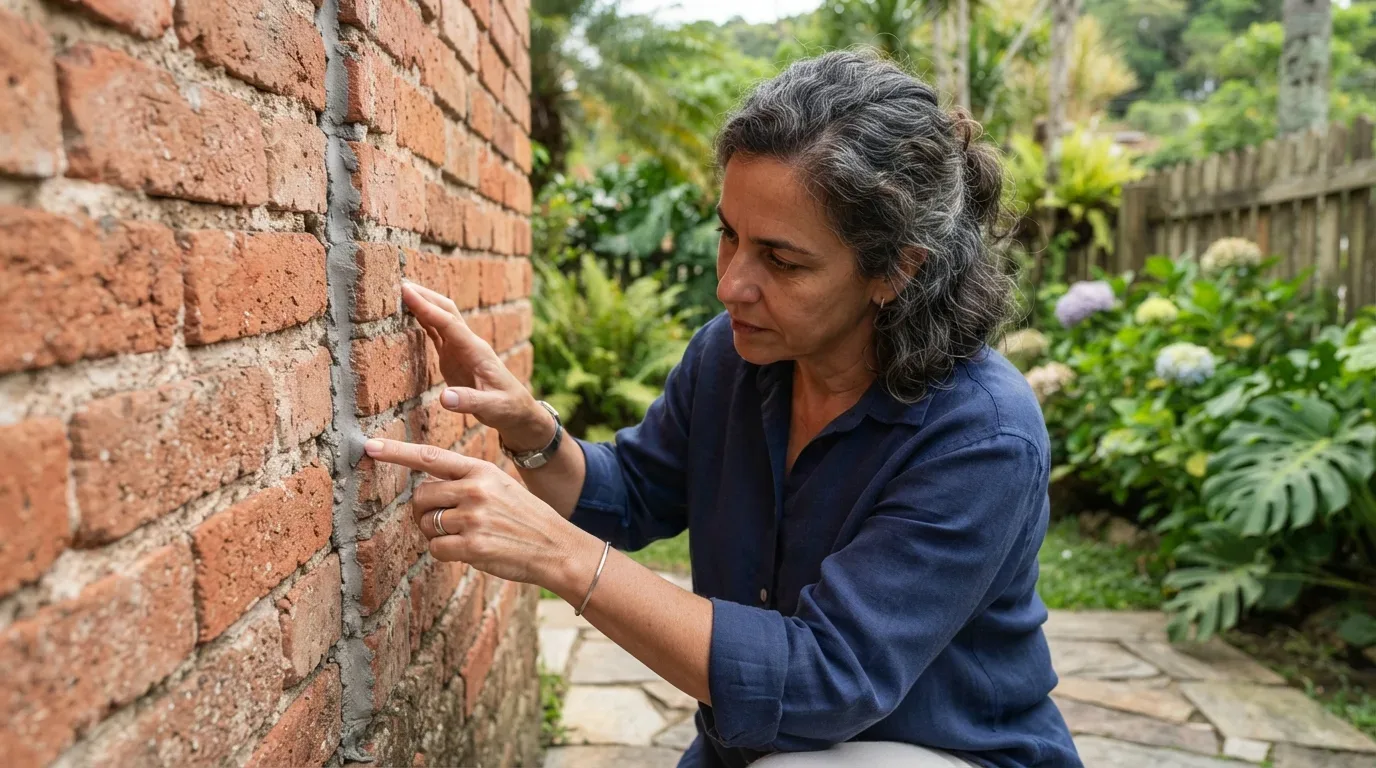 Uma mulher de cabelos grisalhos examina atentamente a junta de argamassa na parede externa de tijolos à vista de uma casa, tocando na estrutura com os dedos num jardim arborizado ao fundo.