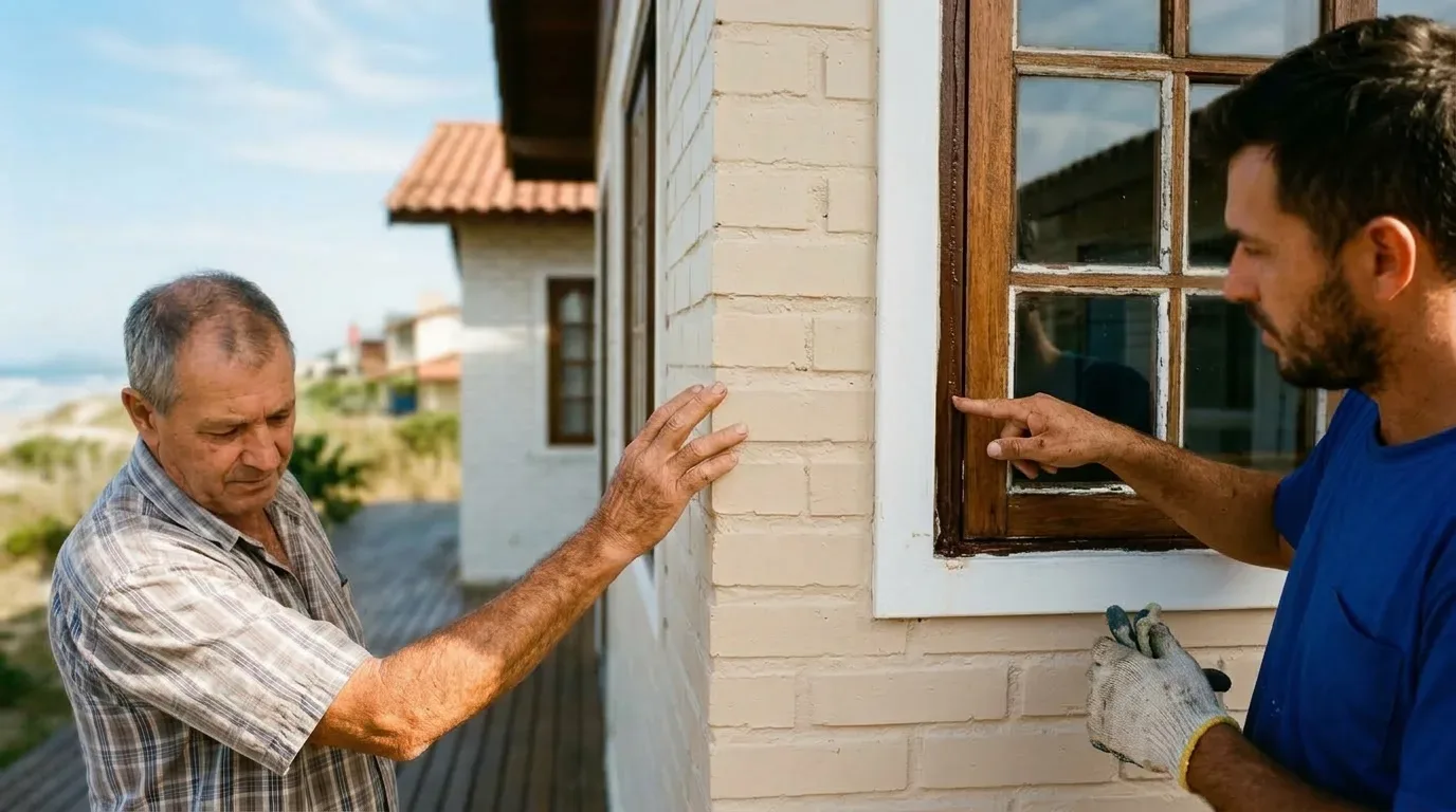 Dois homens inspecionam o exterior de uma casa de tijolos claros na praia; um senhor de camisa xadrez toca na parede enquanto um homem mais jovem, de camiseta azul e luvas de trabalho, aponta para o caixilho de madeira de uma janela.