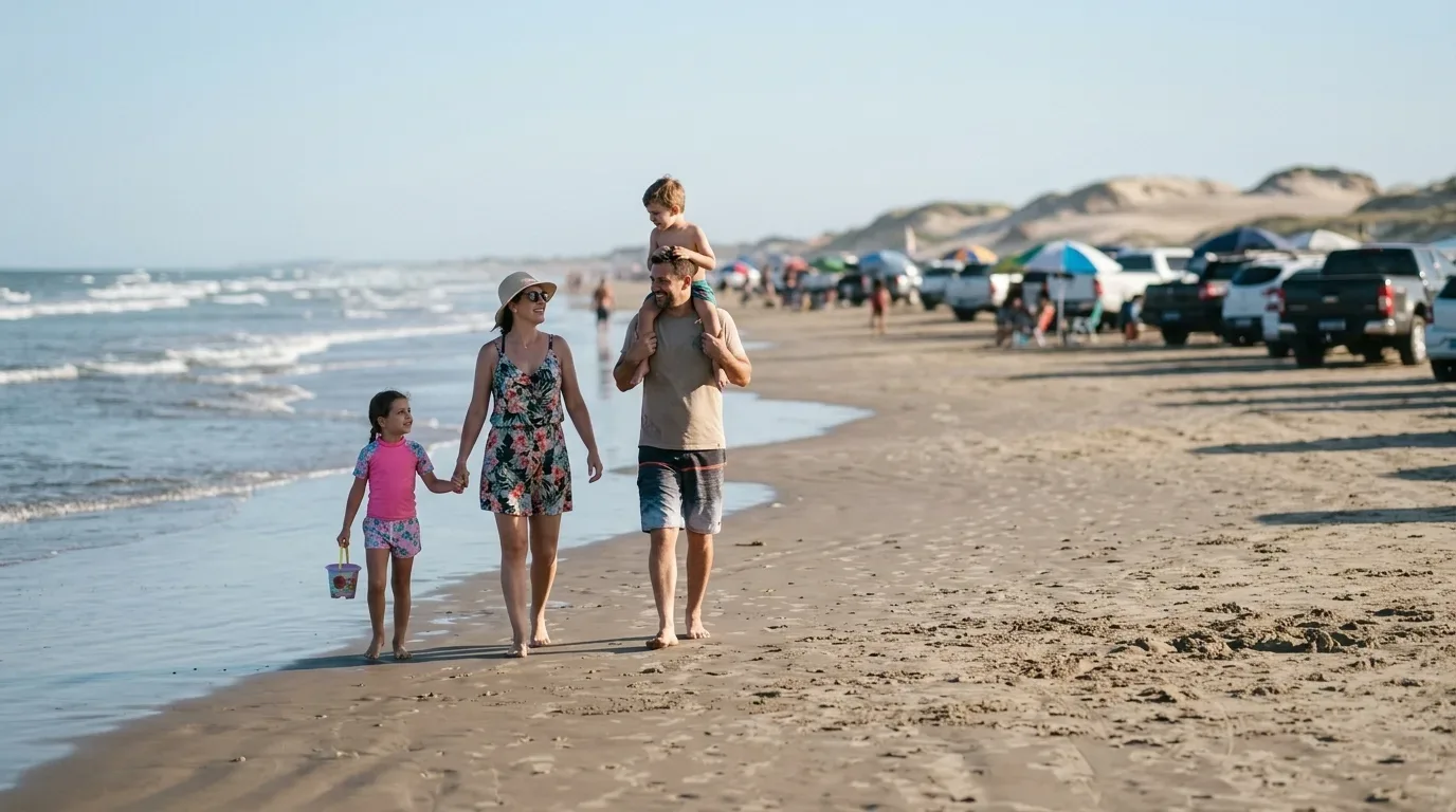 Uma família de quatro pessoas caminha junto ao mar numa praia: a mãe segura a mão de uma menina que carrega um balde de brinquedo, enquanto o pai leva um menino aos ombros, com dunas e carros estacionados no areal ao fundo.
