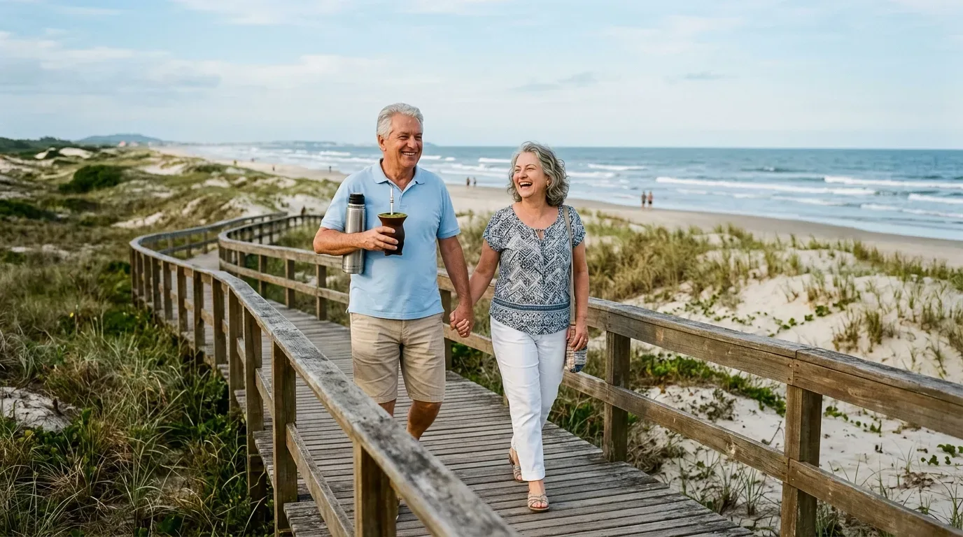 Um casal de idosos caminha de mãos dadas por uma passarela de madeira sobre as dunas em direção à praia, com o homem carregando uma garrafa térmica e uma cuia de chimarrão enquanto ambos sorriem ao ar livre.