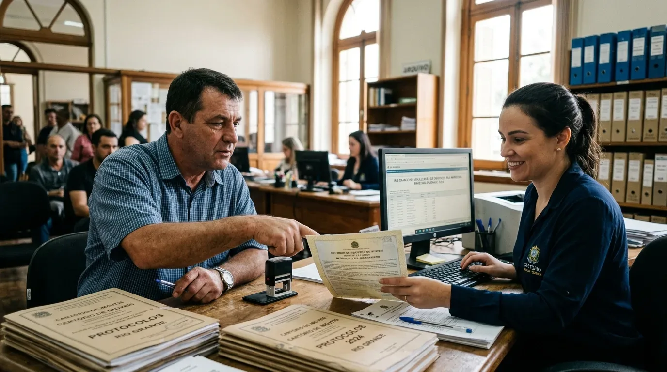 Um homem sentado num balcão de atendimento de um cartório aponta para um documento oficial sobre a secretária, enquanto uma funcionária fardada o atende com um sorriso ao lado do monitor de um computador e de pilhas de livros de protocolos.