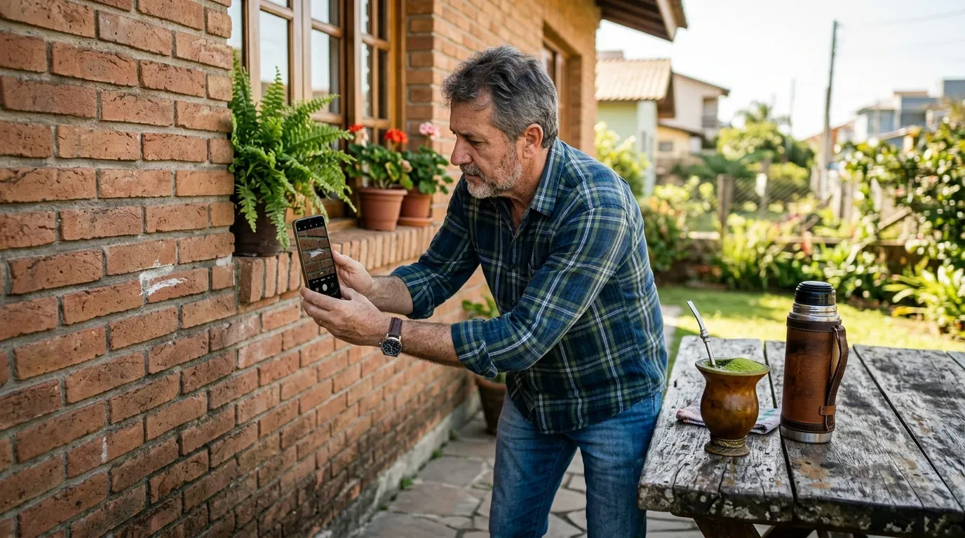 Um homem de camisa xadrez usa o seu telemóvel para fotografar uma marca numa parede de tijolo à vista, tendo ao lado uma mesa rústica de madeira com uma cuia de chimarrão e uma garrafa térmica.