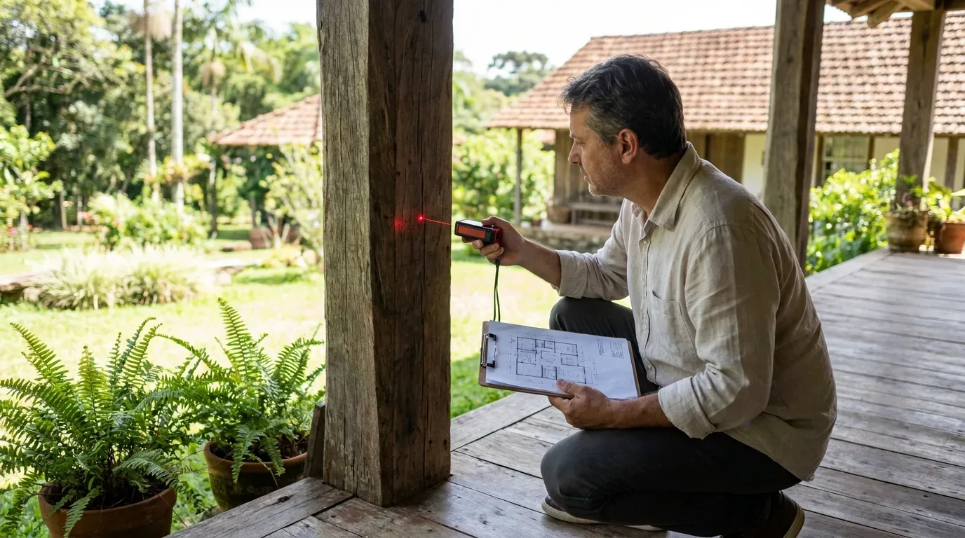 Um profissional de arquitetura ou vistoria agachado no piso de madeira de uma varanda rústica, a utilizar um medidor a laser direcionado a um pilar de madeira. Ele segura uma prancheta com plantas arquitetónicas, num ambiente de campo cercado por vegetação e casas com telhados de telha.
