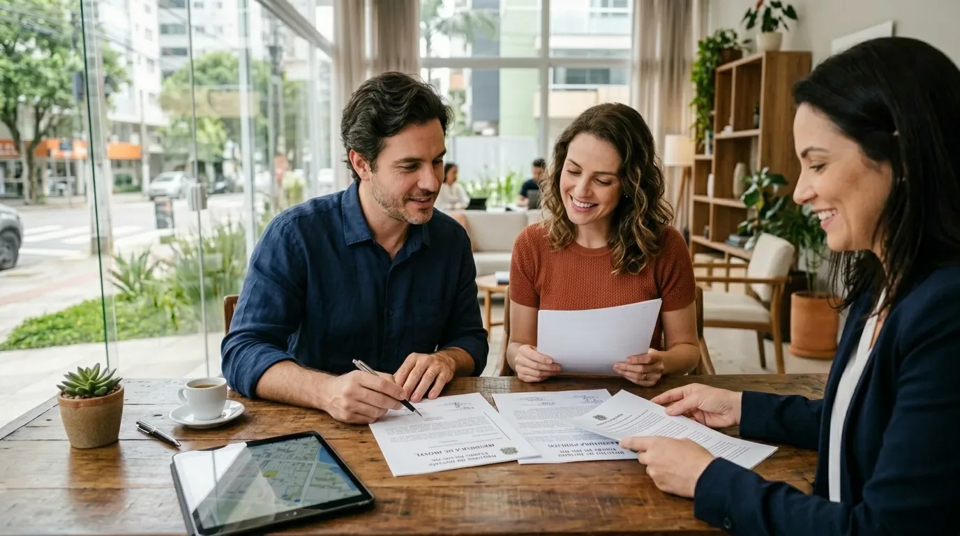 Um casal sorridente analisa e assina documentos imobiliários sobre uma mesa de madeira junto de uma consultora, num escritório bem iluminado com grandes janelas de vidro para a rua.