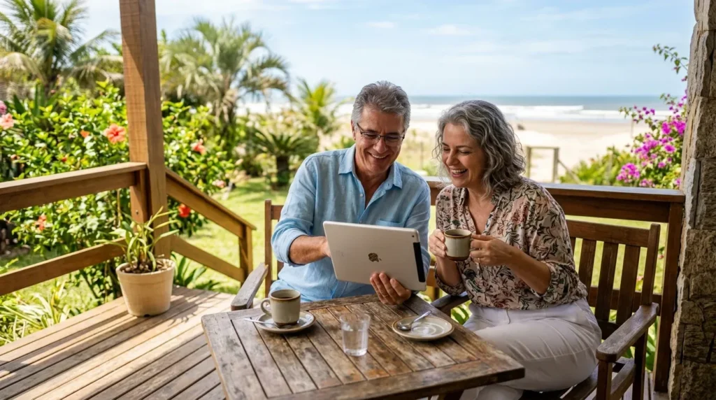 Um casal sorridente navegando em um tablet na varanda de madeira de uma residência praiana. Eles tomam café em uma mesa rústica cercada por vegetação e flores tropicais, com faixa de areia e oceano ao fundo.