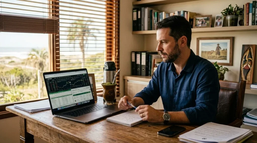 Um homem de barba trabalha em uma mesa de madeira diante de uma janela com persianas, analisando gráficos financeiros na tela de um notebook, com bloco de notas, papéis e uma cuia de chimarrão com garrafa térmica ao lado, e vista para o mar ao fundo.