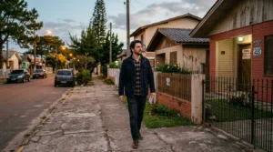 Um homem segurando um caderno e uma caneta caminha pelo passeio de uma rua residencial tranquila, passando por casas com vedações de madeira, tijolos à vista e uma placa de "Para Venda".
