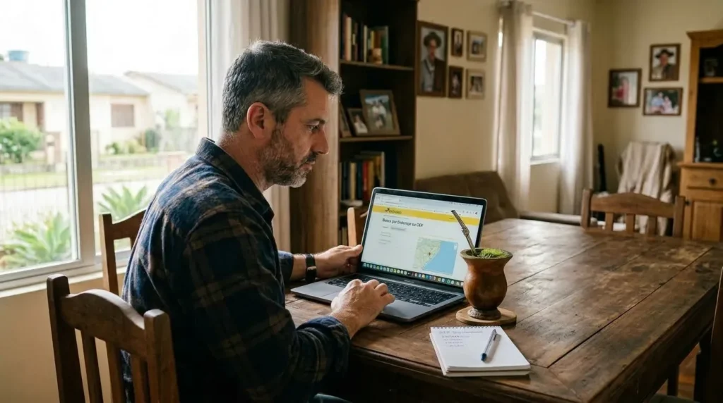 Um homem de meia-idade sentado a uma mesa de madeira em casa pesquisa localizações num computador portátil, tendo ao lado um bloco de notas com caneta e uma cuia de chimarrão, diante de uma janela iluminada.